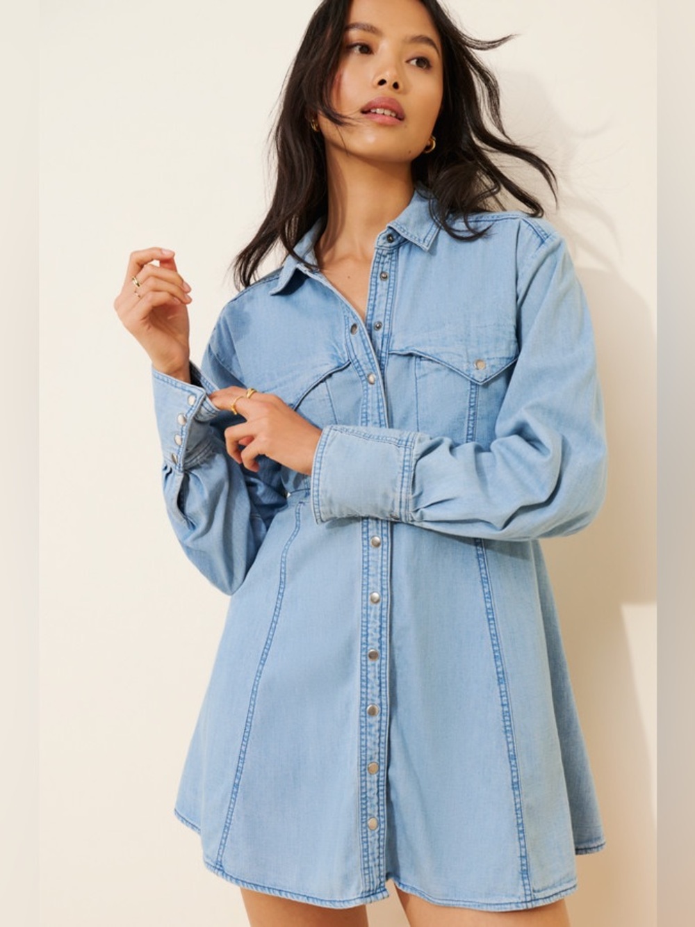 Free People Light Blue Denim Shirt Dress - Long Sleeve
